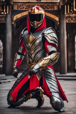 Power Ranger Full Body,Full biomechanical Armored helmet,Wearing Face Mask Iron Masculine Mysterious Powerful Fantasy High Quality clothes,islamic city background