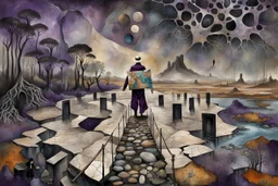 inner world this atypical world, in midle one alone human figure with a big map his hands in weird alternative clothes stands on the thin bridge , weird whimsical landscape, forest, and Sahara water and rocks,, around surreal cracked painted weird land with some black doors. dark purple, gray, black, white, brown. Whimsical style of Chagall , of Minjae Lee and Anton Semenov, lonely with absurd beauty. broken, weird bizarr,e absurd nightmare, neuron network background, surreal vibe