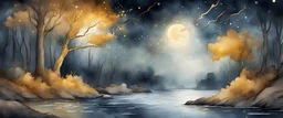 fantasy concept art forest with golden trees, coastline, stormy night sky, shooting stars, linear, watercolour