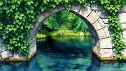 A watercolor painting depicts a stone archway overgrown with lush green foliage, framing a dark body of water that reflects the arch and surrounding greenery. The water's surface is textured with dark, deep tones and lighter, shimmering reflections. The arch itself is rendered with rough stone textures, partially obscured by leaves and vines. The overall impression is one of a hidden, natural sanctuary, with a painterly, impressionistic style emphasizing light, color, and texture.