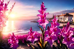 pink or parma gladiolus, blooming tree in the background, seaside, without houses, gold light effects colors, highly detailed, high contrast, 8k, high definition, realistic, concept art, sharp focus