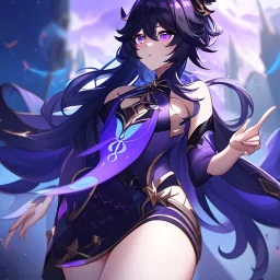 Clear focus,High resolution, Black long fluffy hair, and purple eyes, wearing a Genshin Impact Inspired Outfit,Detailed Clothes,A barely revealing, must wear a short skirt, Mad, eyes glowing purple, lighting in the bg, lighting coming from hand