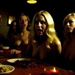 Horror movie shot, spooky, hot, ultra realistic, dine, ultra realistic hot blonde women, party, pieces of meat, they enjoy, organs, ail, dynamic, very excited people, hypermaximalist figures, light, 1970's Italian horror movie, sinister,, Dario Argento, Stanley Kubrik, ornate, 4k, photorealism