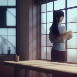 female student studying by the window, anime style, unreal engine 5, cinema4d, sun light, studio lighting --ar 1:1 --v 4