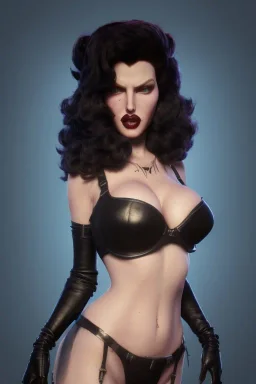 Rita Hayworth as evil queen in black leather, busty, cleavage, dominatrix, curvy, angry, stern look. character design by cory loftis, fenghua zhong, ryohei hase, ismail inceoglu and ruan jia. unreal engine 5, artistic lighting, highly detailed, photorealistic, fantasy