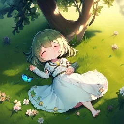 tiny anime girl sleeping in the distance, laying down in a field of flowers, underneath a willow tree, with a butterfly on her nose, hand detail looks human