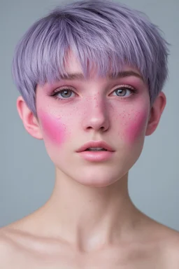 A young woman with pink skin, purple eyes, lavender hair in a pixie cut with pink freckles.