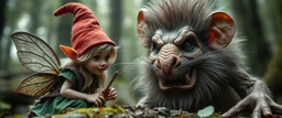 close up on pixie elf gnome and a giant troll intense huge funny mouse, with background motion blur, in magical forest scene, in the style of Rembrandt