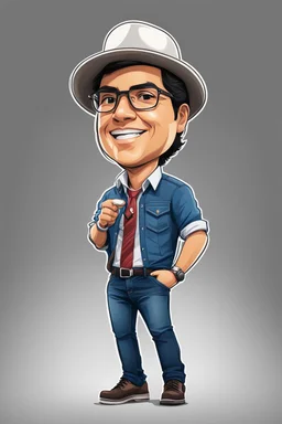 Drawing of Gustavo Petro with hat, jeans and shirt speaking in a speech full body chibi