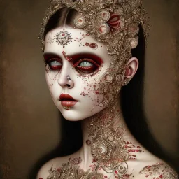 singer Danish MØ face, style surrealism by <Mark Ryden>, blood, guts, darkred tones,