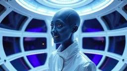 "Artistic photography (((FULL BODY from HEAD to FEET +profile))), enormous almond shape lighted crystal clear eyes, she is dressed in a white shiny jumpsuit she is a gorgeous smiling extra terrestrial woman with indigo purple blue skin with a high elongated skull like a magnum bottle, 40 y/o asian, bare feet, in her white luminous starship