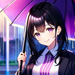 8k, Girl, high quality, detailed, black hair, purple eyes, beautiful lighting, smiling, raining, umbrella,