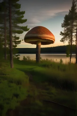 forest trail, very big tall round mushroom, dusk beside a lake