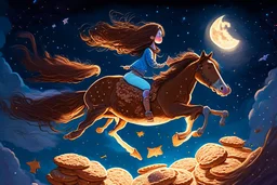 a long, brown-haired girl rides a horse dynamically across the night sky, leaping over a pile of different cookies. Shining moon, in starshine