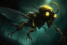 A gigantic mutant anthropomorphic wasp monster flying menacingly on a dark night, digital art, fantasy