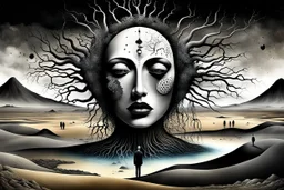 neuro deep, dark nightmare, inner world and dynamics of the uncontrolled mind ans soul, chaotic, lonely portrait like little island in the cold deep Sahara, a surreal cracked painted weird land. Whimsical style of Chagall meets the dark visions of Minjae Lee and Anton Semenov, lonely, sad lives and absurd beauty. The broken, weird inhabitants of this bizarre landscape, rendered in dark gray, purple, black colors, dark dunes, thick layers, impasto paint, surreal vibe