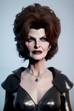 younger Rene Russo as evil queen in leather, cleavage, angry, stern look, unreal 5, octane render,cinema4d, dynamic lighting, dramatic lighting, 4k, redshift render, highly detailed, hyper realistic