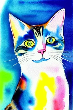 watercolor painting, happy cat, bright color,