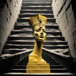 Double exposure of a black and yellow photo of the face of the pharaonic goddess Nefertiti and stairs inside a pyramid, black and yellow photo, a staircase, by John Alexander, stairs, a winding staircase inside a pyramid, inspired by Jerry Schatzberg, stairs to heaven, fine art photography, by Rodolfo Escalara, illustration, by Albert Cotin, beautiful, stairs, inspired by Rudolf Hausner, staircase 1