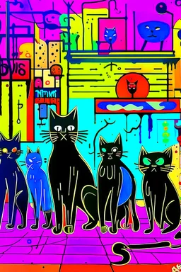 Black cat in the cen ttre, two teenage bopys and one punk girl with the cat. Street art style, gark colours, small town street with a crowd in background, Kandinsky style, Baginski stytle