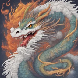 a colorful asian dragon with curly white fur, smokey breath, fire, claws, spikes along back, long tail, attaching