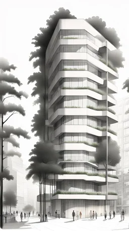 Dibujo arquitectónico de un edificio de cinco pisos, moderno, minimalista, calidad ultra, árboles, gente