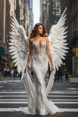 Front view full body excellent realistic portrait Beautiful Angel straddle wings with luxury Victorian gown,walking at new York City street