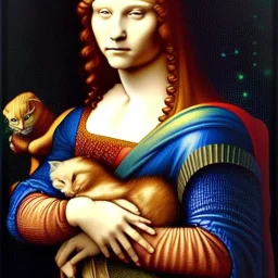 leonardo da vinci portrait of donald trump as a king, beautiful, curly orange hair, high definition, realistic. Colors white, blue and red. Black background. holding a white cat.