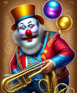 mechanoid happy old friendly fat clown with trimmed beard playing jazz with a steampunk theme, trumpet, realistic