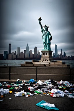 the statue of liberty, dress dirty and torn, her face solemn and terse, trash littered at her feet, the skyline dark and grungy