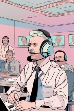 A simultaneous interpreter is sitting at a table with headphones with a microphone on his headphones at a foreign briefing, the background is blurred, everything is in pastel colors,