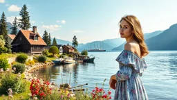 create a realistic photo of beautiful lady with make up in Austeria country side house standing hands relax pose next to pretty lake with ships,trees houses,wild flowers, pretty beach ,and distance mountains 16 by 9