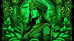 Alinor Maple in shades of green with an Egyptian theme, in black light art style