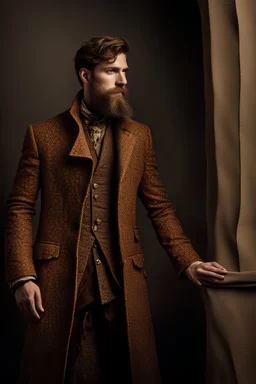 A hiper-realistic handsome bearded guys Brotherhood Gaudi period drama coat fashion catwalk in portrait studio, detail faces and body parts, total color bodies-paint photo shoot