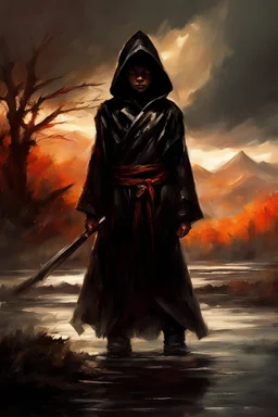 A formidable warrior-a 10-year-old boy in a black robe with a hood, on the background Amazing gloomy landscape, flooded with sunset, mountains, trees, fabulous scary hero, , juicy emotions, painting, dark fantasy, bad weather, gloomy day, dark world, by Raymond Swanland & Anna Razumovskaya