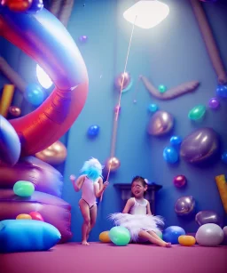 Ultra realistic speed room scene, wide angle view, teenager playing with feather pillows and inflatable monsters, circus dress style, feather color, free jumping, many trinkets, hair monster, many jelly beans, balls, smile, extreme, wind, soft color, highly detailed, unreal engine 5, ray tracing, RTX, lumen lighting, ultra detail, volumetric lighting, 3d, finely drawn, high definition.