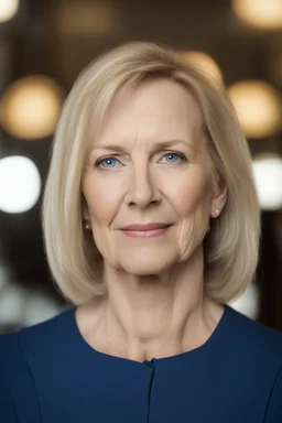 Powerful classical portrait of a modern blonde politician in her late 50s wearing a blue top