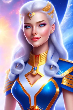 young cosmic woman admiral from the future, one fine whole face, large cosmic forehead, crystalline skin, expressive blue eyes, blue hair, smiling lips, very nice smile, costume