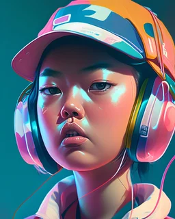 portrait d'une jeune femme de type asiatique. Elle porte un casque audio sur ses oreilles et une casquette avec une visière translucide colorée. Elle suce une sucette. Elle semble rebelle et fronce les sourcils. L'image est dynamique. Illustration type digital 2D très détaillée. HD, 8K.