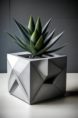Create a visually striking image of a mini concrete succulent planter with an abstract geometric design, incorporating sharp angles and clean lines reminiscent of modern architecture."