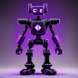 black and purple neon geometric bipedal robot with no arms that has a plus sign symbol for the 'eye' in a black monochrome world