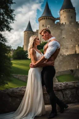 A photo realistic portrait of a stunning blonde girl and muscular danish man in a lovers embrace standing in front of a medieval castle