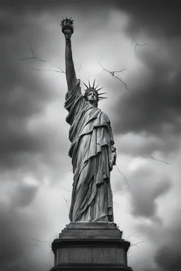 surrealis monochrome A fragmented, surreal the Statue of Liberty without the head , liquid color of photorealistic image 3d, psychedelic with the gold mengkilat cracks, set against a backdrop of stormy, cloud-filled skies. bauhaus art The overall tone is dark and moody, suggesting themes of decay and transformation