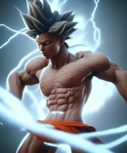 Goku, fighting pose, muscular body, shirtless, volumetric details, hyper realism, unreal engine 5