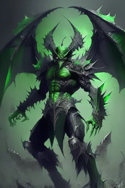 Demonio con armadura verde con negro y alas verdes celebrando