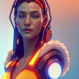 A beautiful portrait of a cyberpunk woman cyborg smiling facing camera orange color scheme, high key lighting, volumetric light high details with white stripes and feathers unreal 5, octane render, cinema4d, dynamic lighting, dramatic lighting, 4k, redshift render, highly detailed, hyper realistic