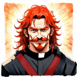 dnd, fantasy, watercolour, portrait, illustration, male, face, determined, happy, priest, red hair, very long hair, radiating light, five o'clock shadow