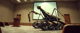 in the style of Escher and Giger , pinhole cam, airbrush 3d rendering, on tv screen:A five-second cinematic single take in a clean industrial presentation hall. A bizarre mechanically plausible tracked atv machine stands beside a presentation podium, designed to look like a giant mechanical praying mantis. Two large bicycle wheels form its main body and four thin articulated mechanical legs support it. Two long folded mechanical front arms resemble mantis forelegs, huge head and arms