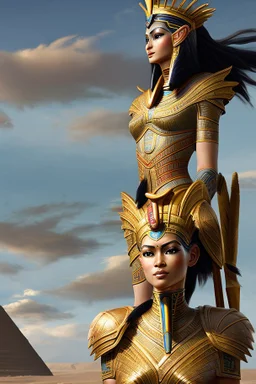 [Ancient Egypt, photorealistic, man and woman, full-length view] denyen: Towering figures, their armor adorned with symbols of prowess, lead the charge. Feathers crown their heads, a testament to their connection with the skies. As they advance, their strides echo the rhythms of distant lands, the echoes of battles fought and won resonating in every step.