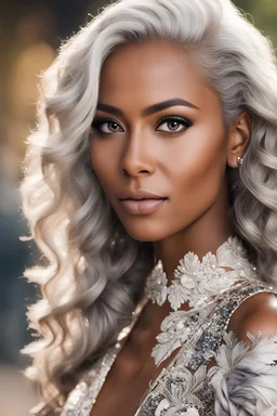 frontal portrait of beautiful woman with prominent cheekbones, rounder face exotic look, 25 years young with caramel skin tone, white hair and grey eyes, Brazil, Simone missick Taveeta Szymanowicz Hayley Atwell Leona Lewis Alexis Vaughn